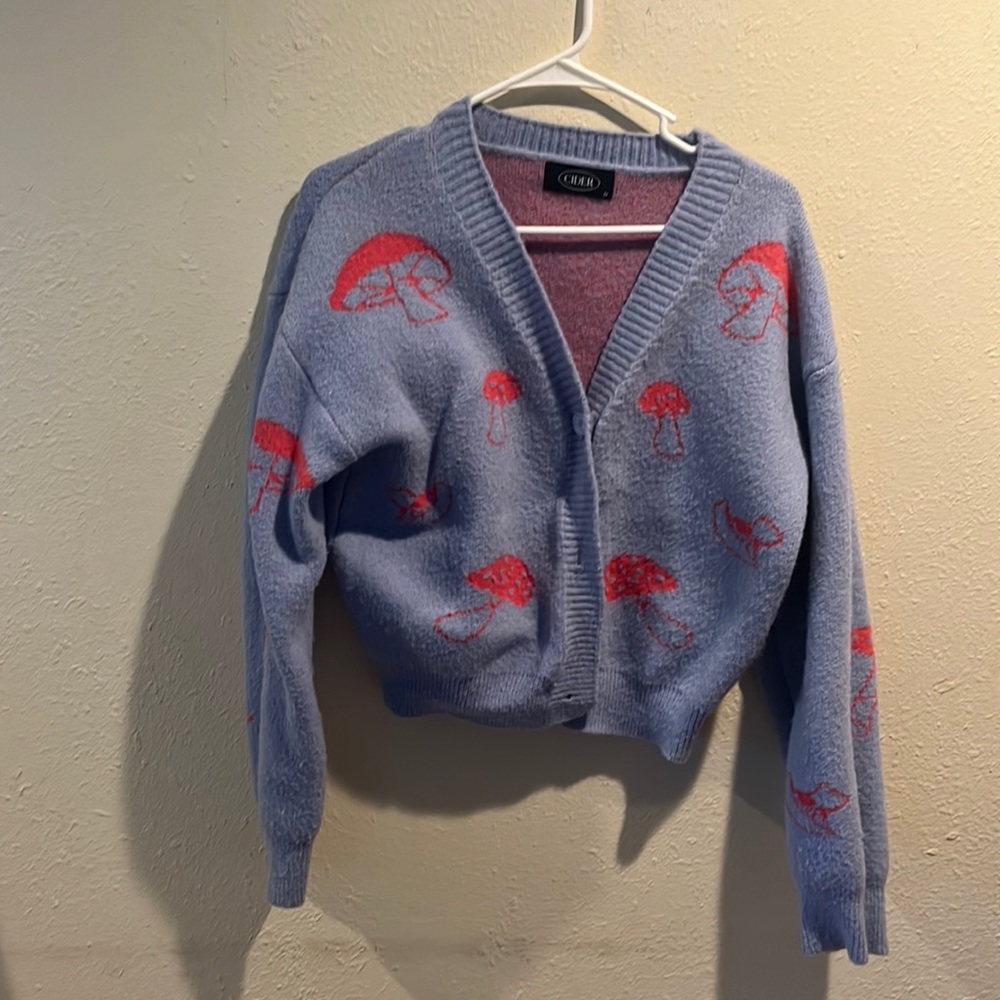 Blue cardigan button red mushrooms soft